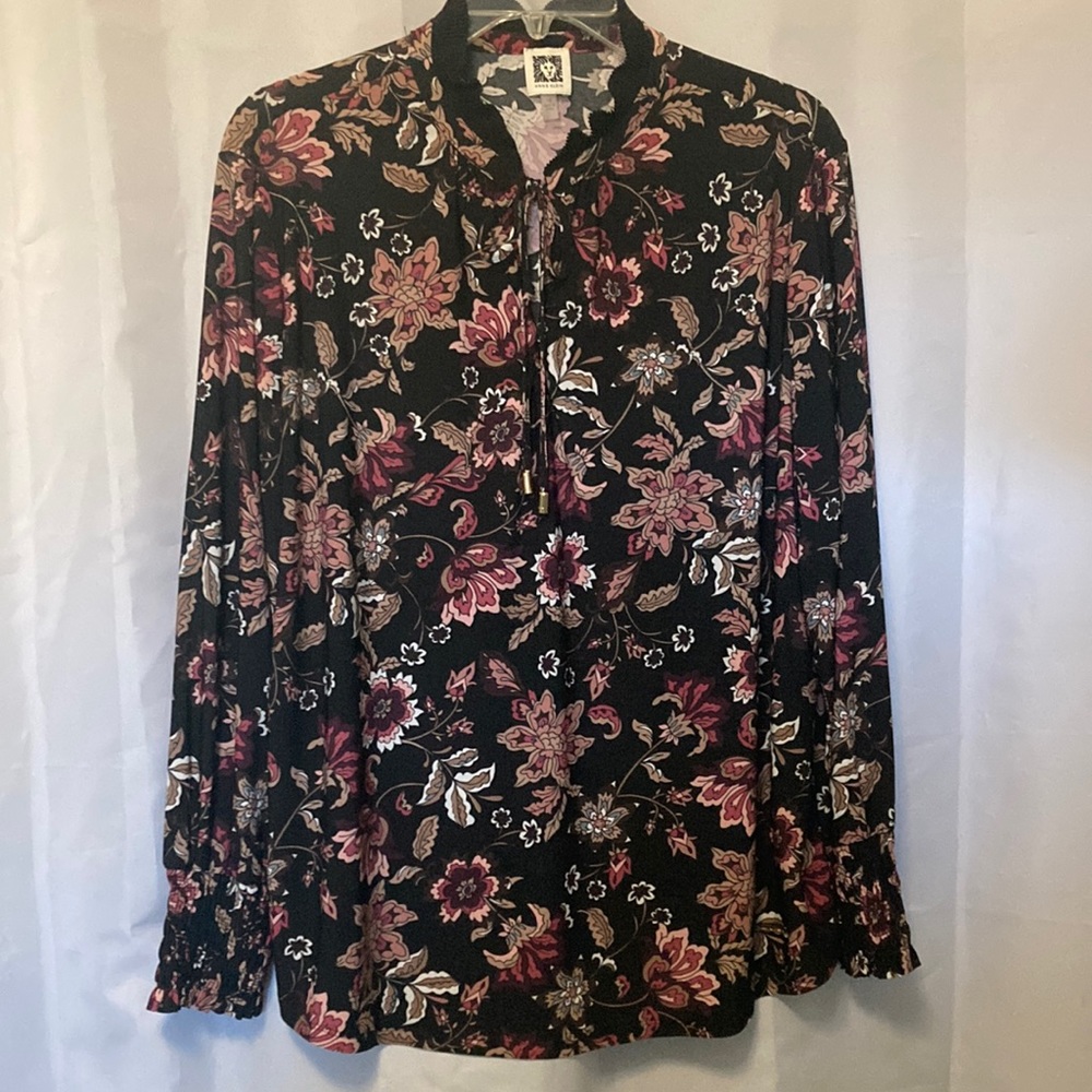 Ann Klein Women’s Shirt/Tunic,Black Floral Print,Long Sleeves